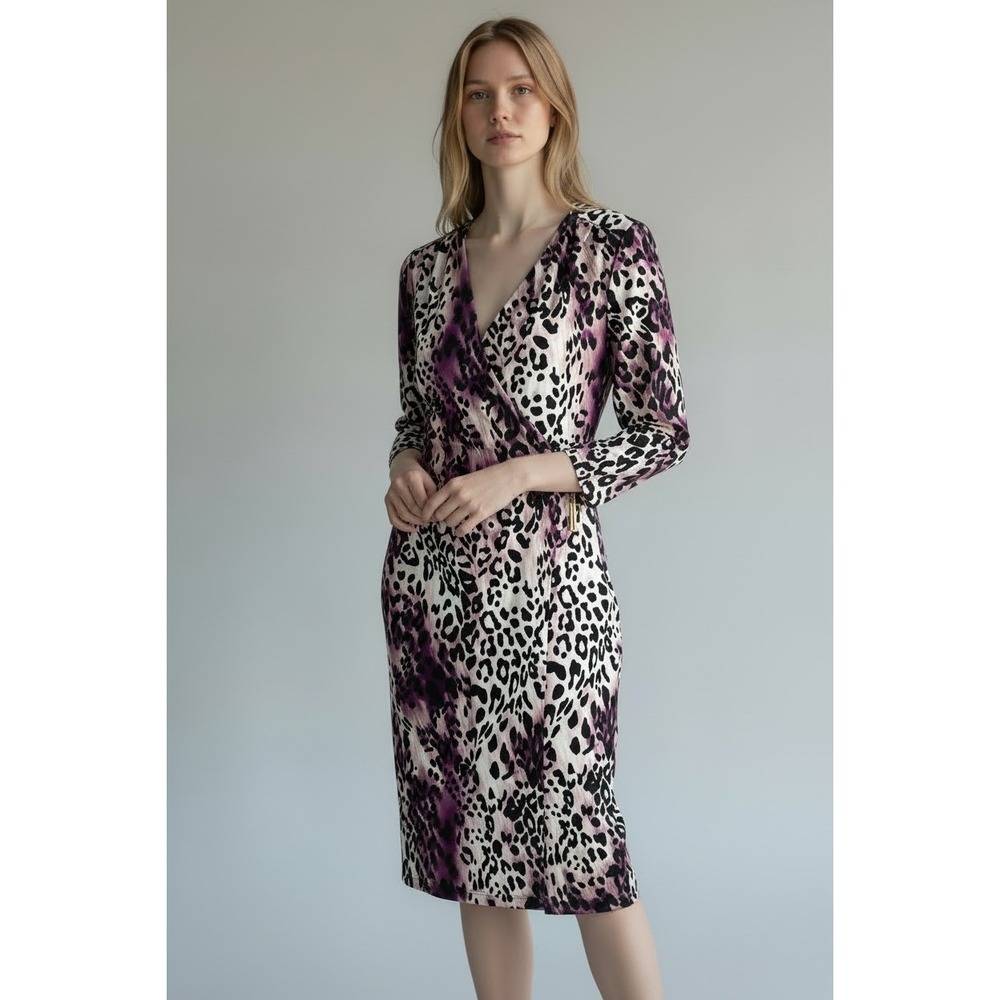 Calvin Klein Faux jersey knit Wrap Dress‎ 10 Purple Leopard cocktail retro